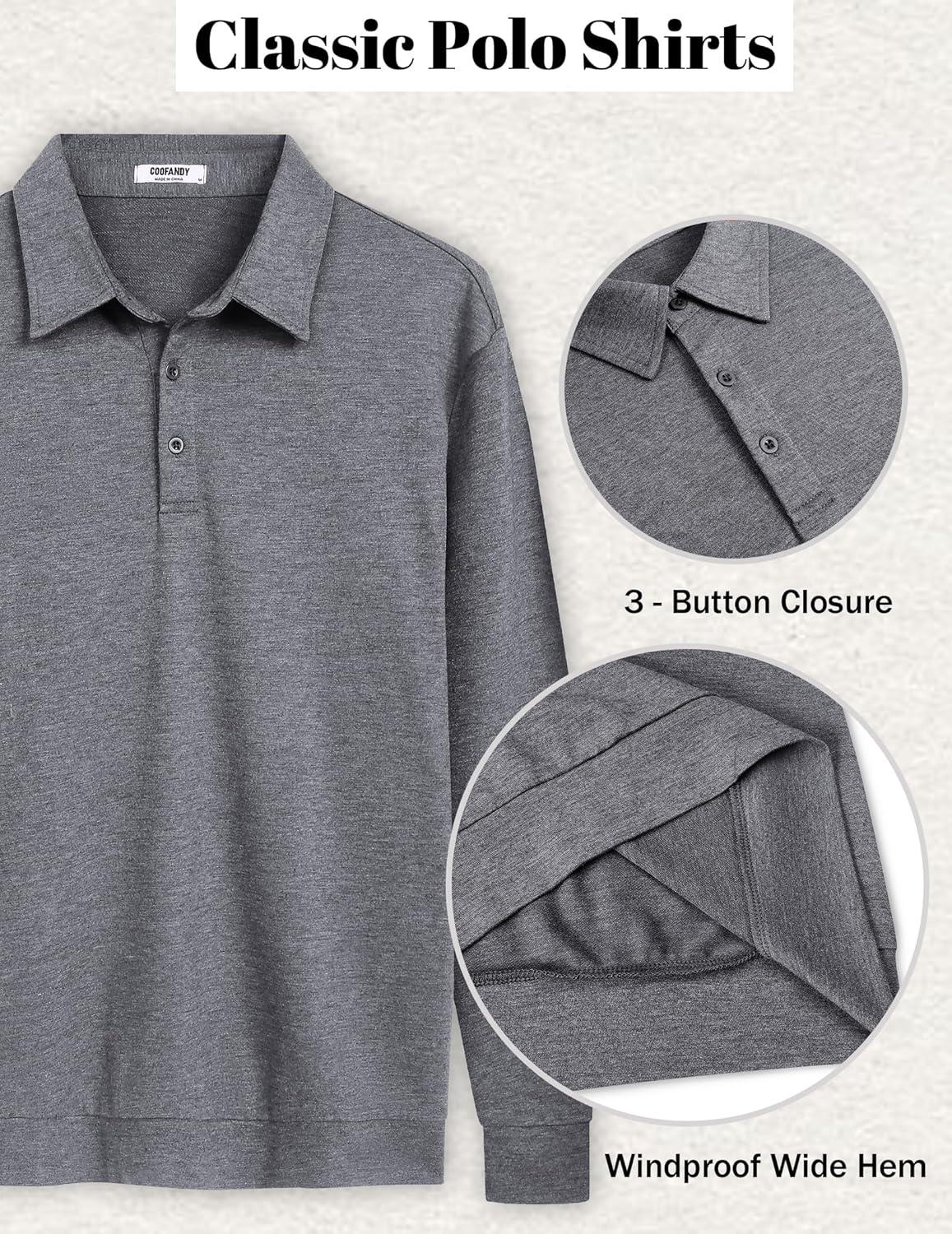 imageCOOFANDY Mens Polo Sweatshirts Long Sleeve Casual Lightweigt Polo Shirts Button Down Golf ShirtDark Gray