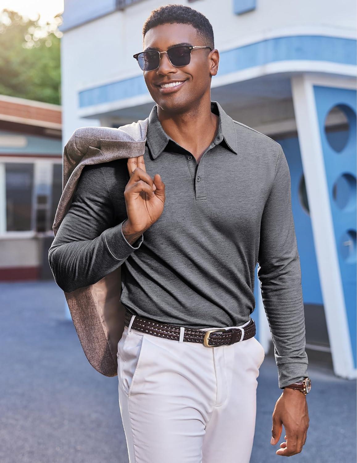 imageCOOFANDY Mens Polo Sweatshirts Long Sleeve Casual Lightweigt Polo Shirts Button Down Golf ShirtDark Gray