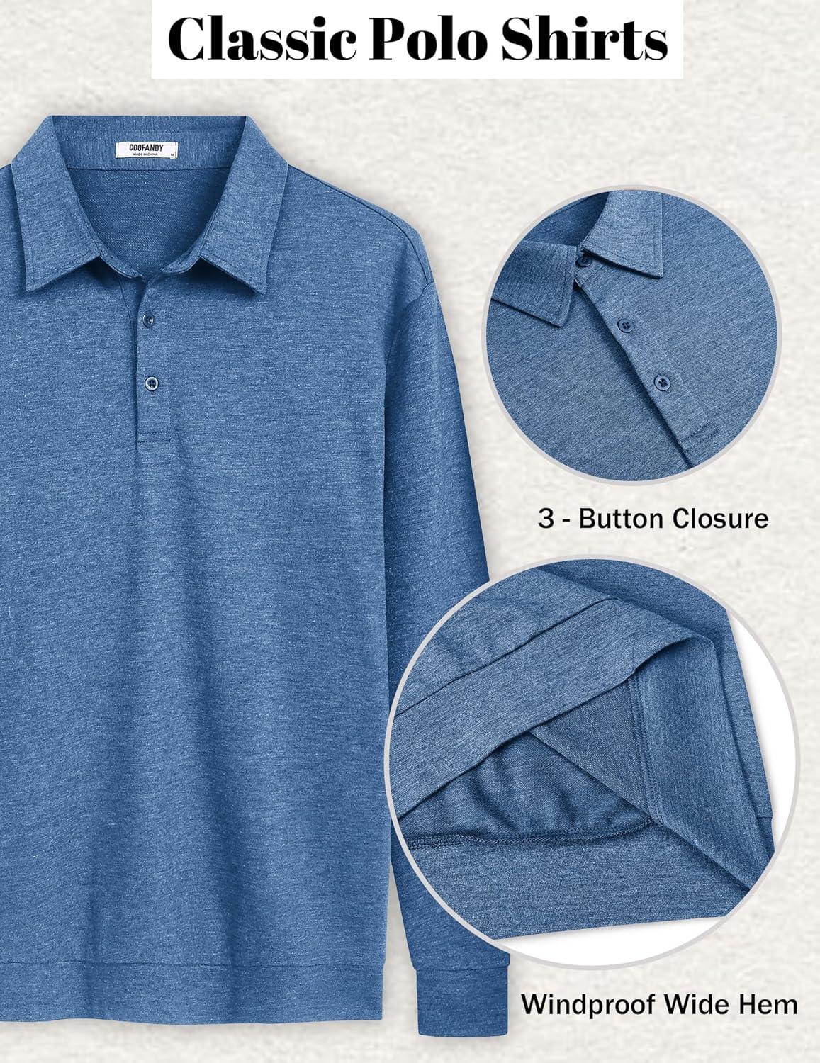 imageCOOFANDY Mens Polo Sweatshirts Long Sleeve Casual Lightweigt Polo Shirts Button Down Golf ShirtDemin Blue