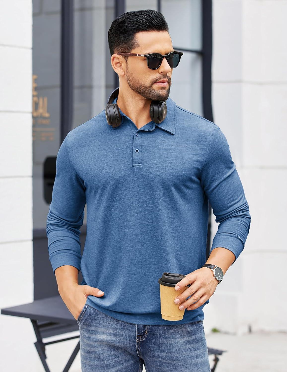 imageCOOFANDY Mens Polo Sweatshirts Long Sleeve Casual Lightweigt Polo Shirts Button Down Golf ShirtDemin Blue