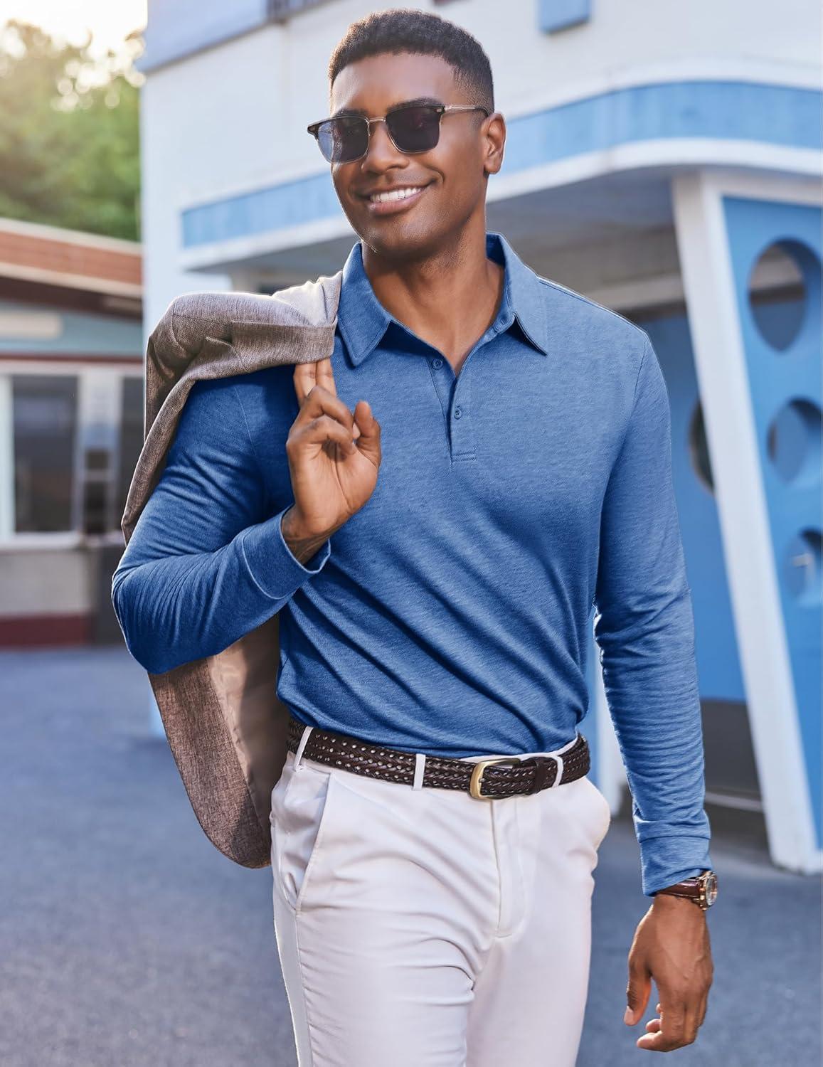 imageCOOFANDY Mens Polo Sweatshirts Long Sleeve Casual Lightweigt Polo Shirts Button Down Golf ShirtDemin Blue