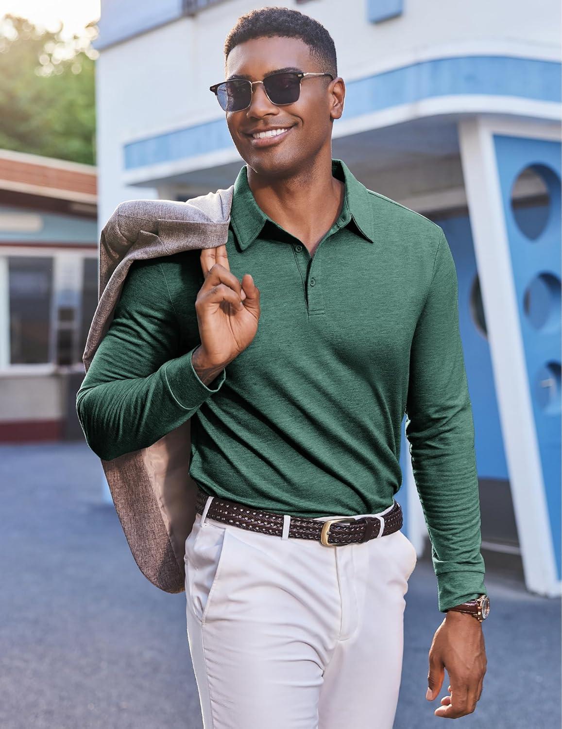 imageCOOFANDY Mens Polo Sweatshirts Long Sleeve Casual Lightweigt Polo Shirts Button Down Golf ShirtGreen