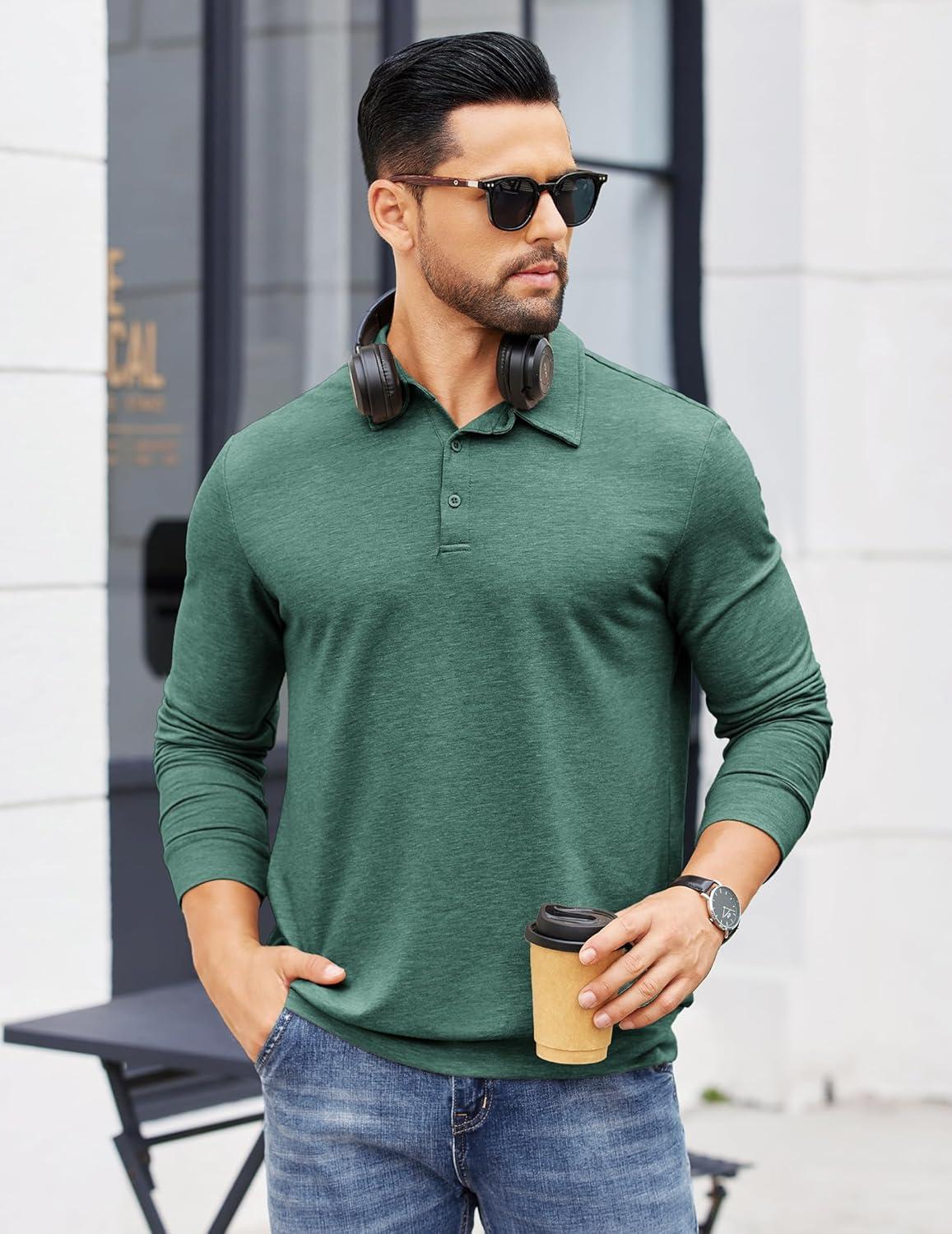 imageCOOFANDY Mens Polo Sweatshirts Long Sleeve Casual Lightweigt Polo Shirts Button Down Golf ShirtGreen