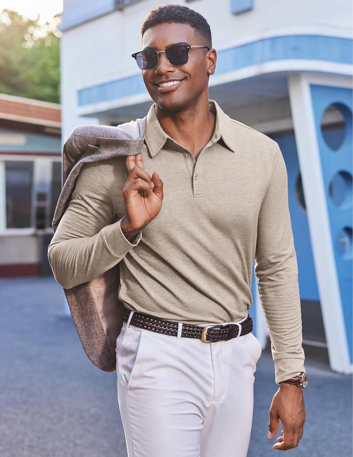 imageCOOFANDY Mens Polo Sweatshirts Long Sleeve Casual Lightweigt Polo Shirts Button Down Golf ShirtKhaki