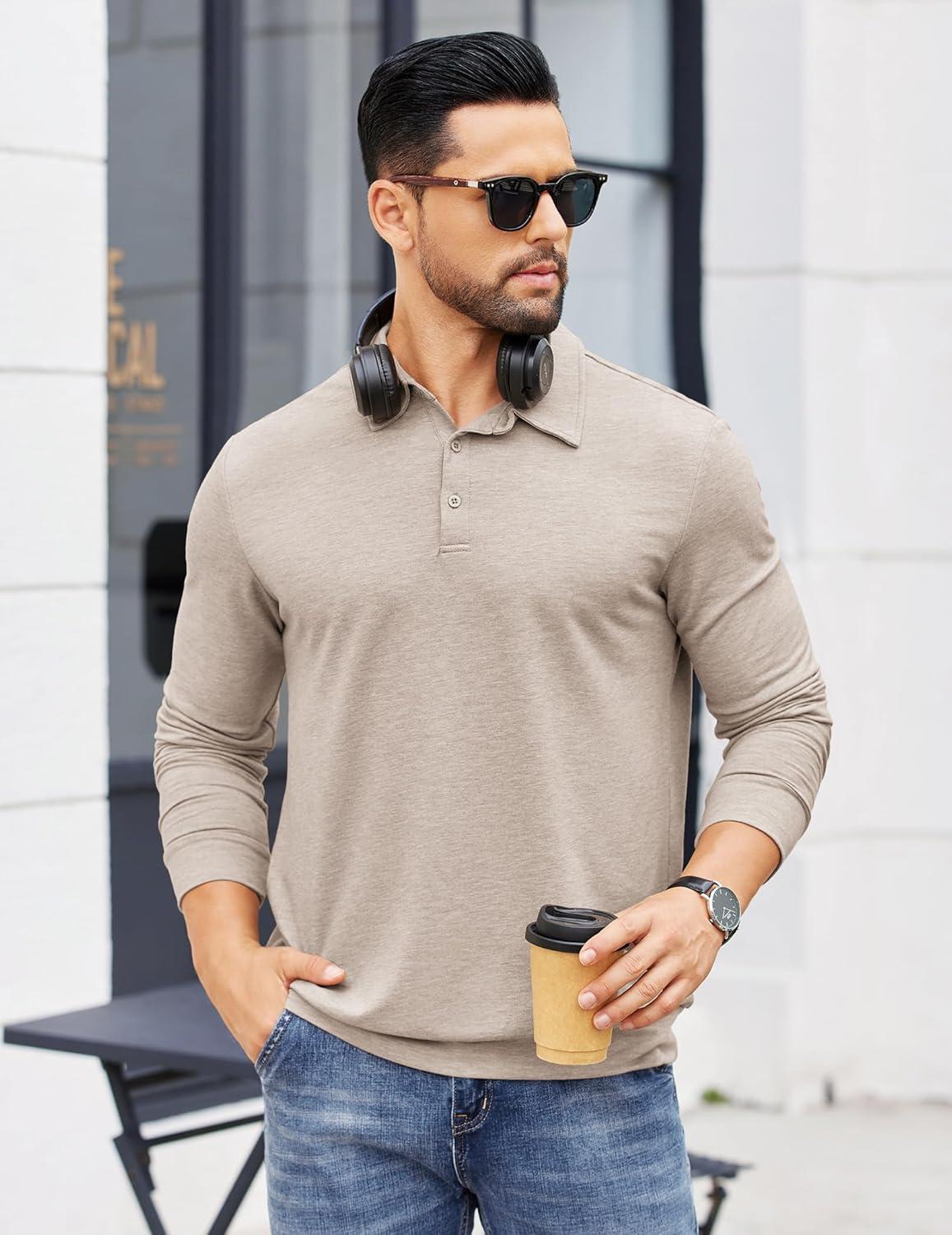 imageCOOFANDY Mens Polo Sweatshirts Long Sleeve Casual Lightweigt Polo Shirts Button Down Golf ShirtKhaki