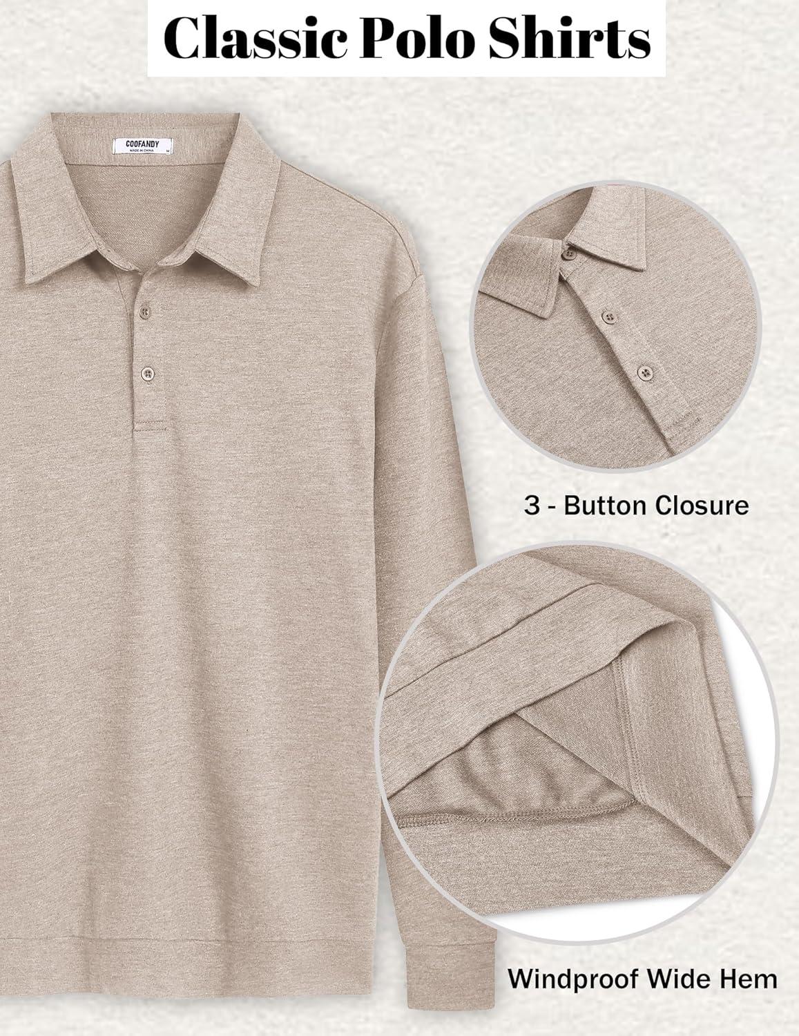 imageCOOFANDY Mens Polo Sweatshirts Long Sleeve Casual Lightweigt Polo Shirts Button Down Golf ShirtKhaki