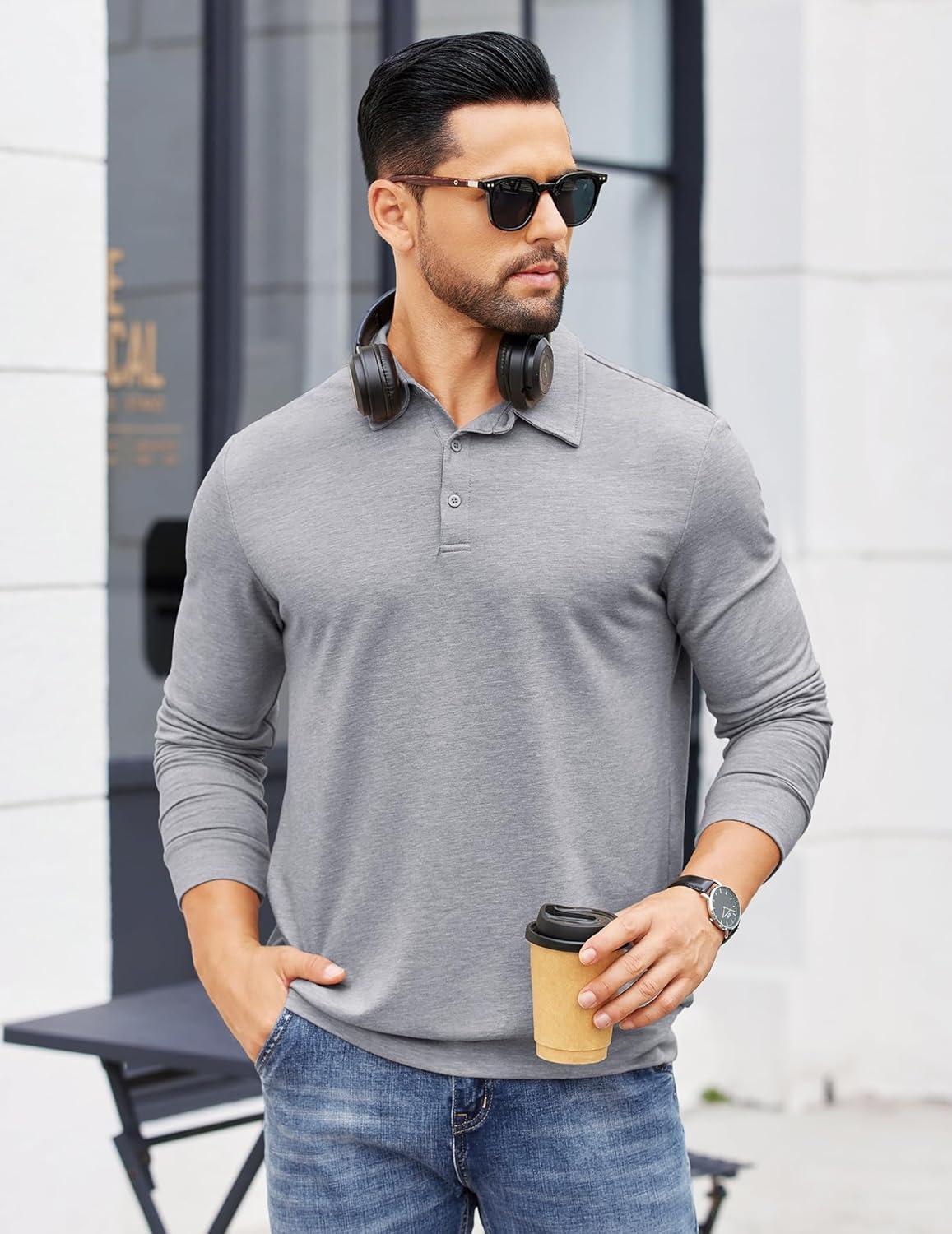 imageCOOFANDY Mens Polo Sweatshirts Long Sleeve Casual Lightweigt Polo Shirts Button Down Golf ShirtLight Grey
