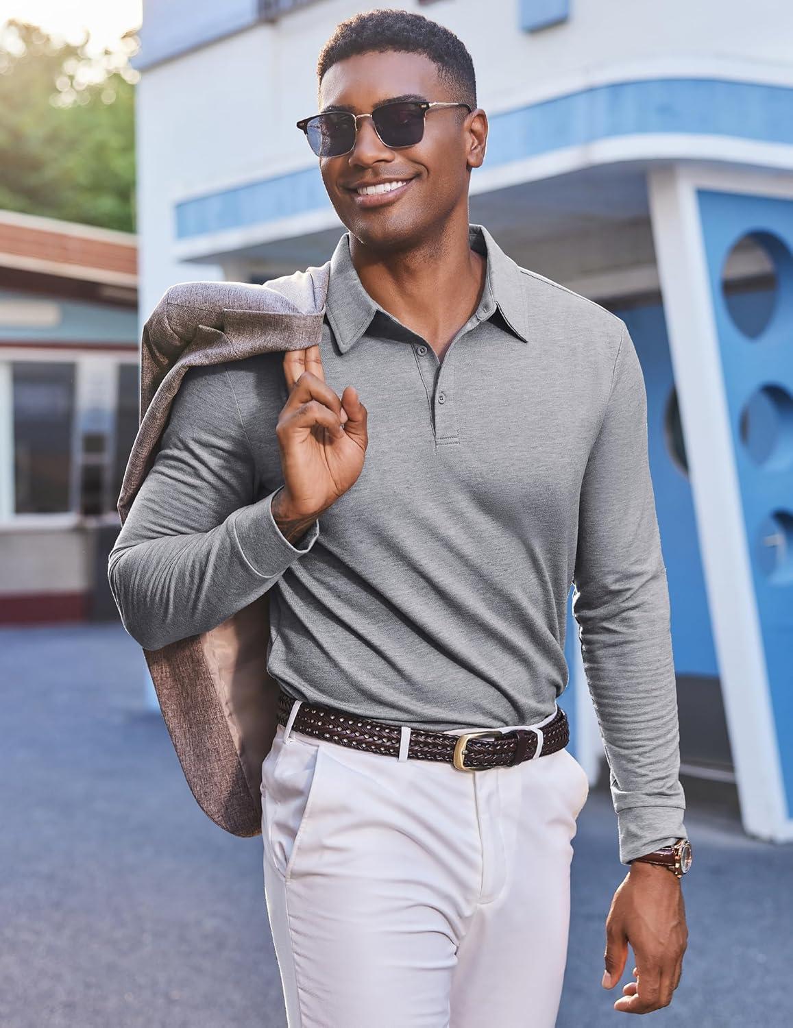 imageCOOFANDY Mens Polo Sweatshirts Long Sleeve Casual Lightweigt Polo Shirts Button Down Golf ShirtLight Grey