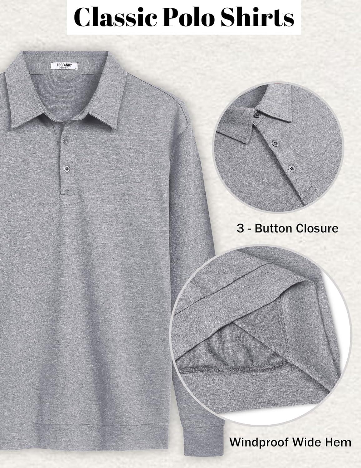 imageCOOFANDY Mens Polo Sweatshirts Long Sleeve Casual Lightweigt Polo Shirts Button Down Golf ShirtLight Grey