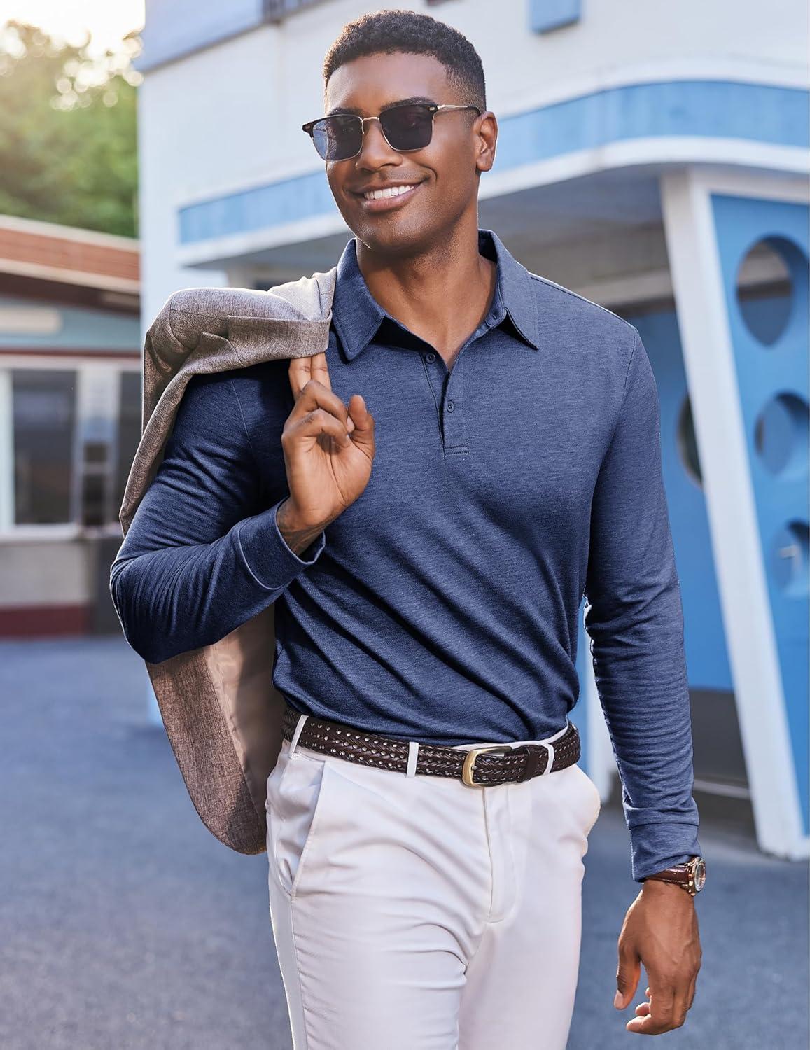 imageCOOFANDY Mens Polo Sweatshirts Long Sleeve Casual Lightweigt Polo Shirts Button Down Golf ShirtNavy Blue