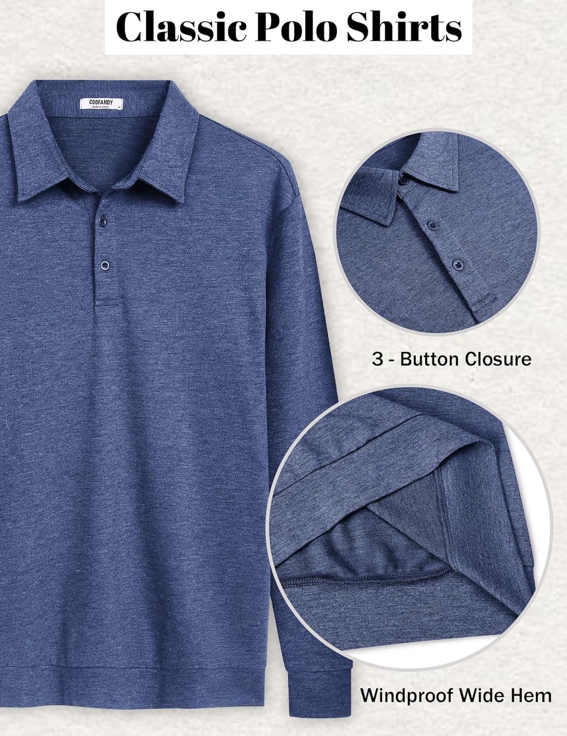 imageCOOFANDY Mens Polo Sweatshirts Long Sleeve Casual Lightweigt Polo Shirts Button Down Golf ShirtNavy Blue