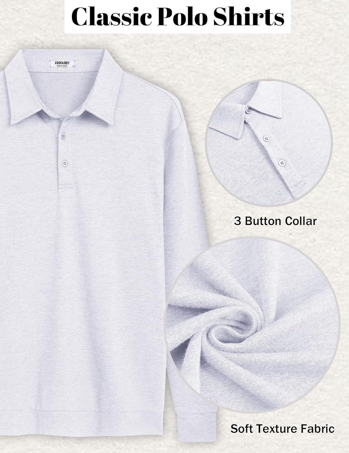 imageCOOFANDY Mens Polo Sweatshirts Long Sleeve Casual Lightweigt Polo Shirts Button Down Golf ShirtWhite