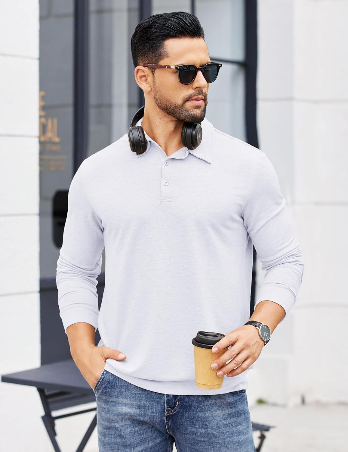 imageCOOFANDY Mens Polo Sweatshirts Long Sleeve Casual Lightweigt Polo Shirts Button Down Golf ShirtWhite