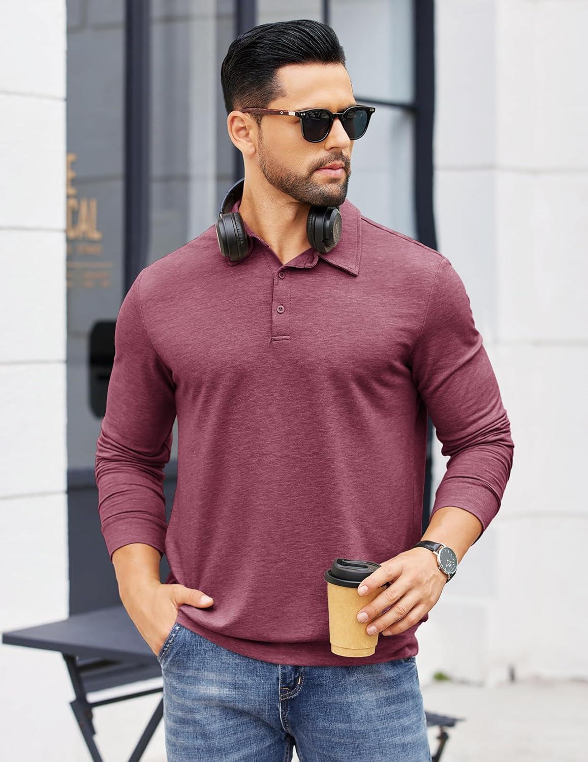 imageCOOFANDY Mens Polo Sweatshirts Long Sleeve Casual Lightweigt Polo Shirts Button Down Golf ShirtWine Red