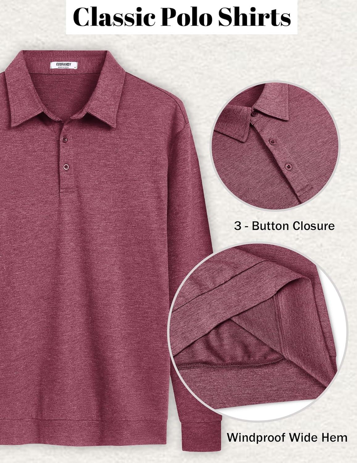 imageCOOFANDY Mens Polo Sweatshirts Long Sleeve Casual Lightweigt Polo Shirts Button Down Golf ShirtWine Red