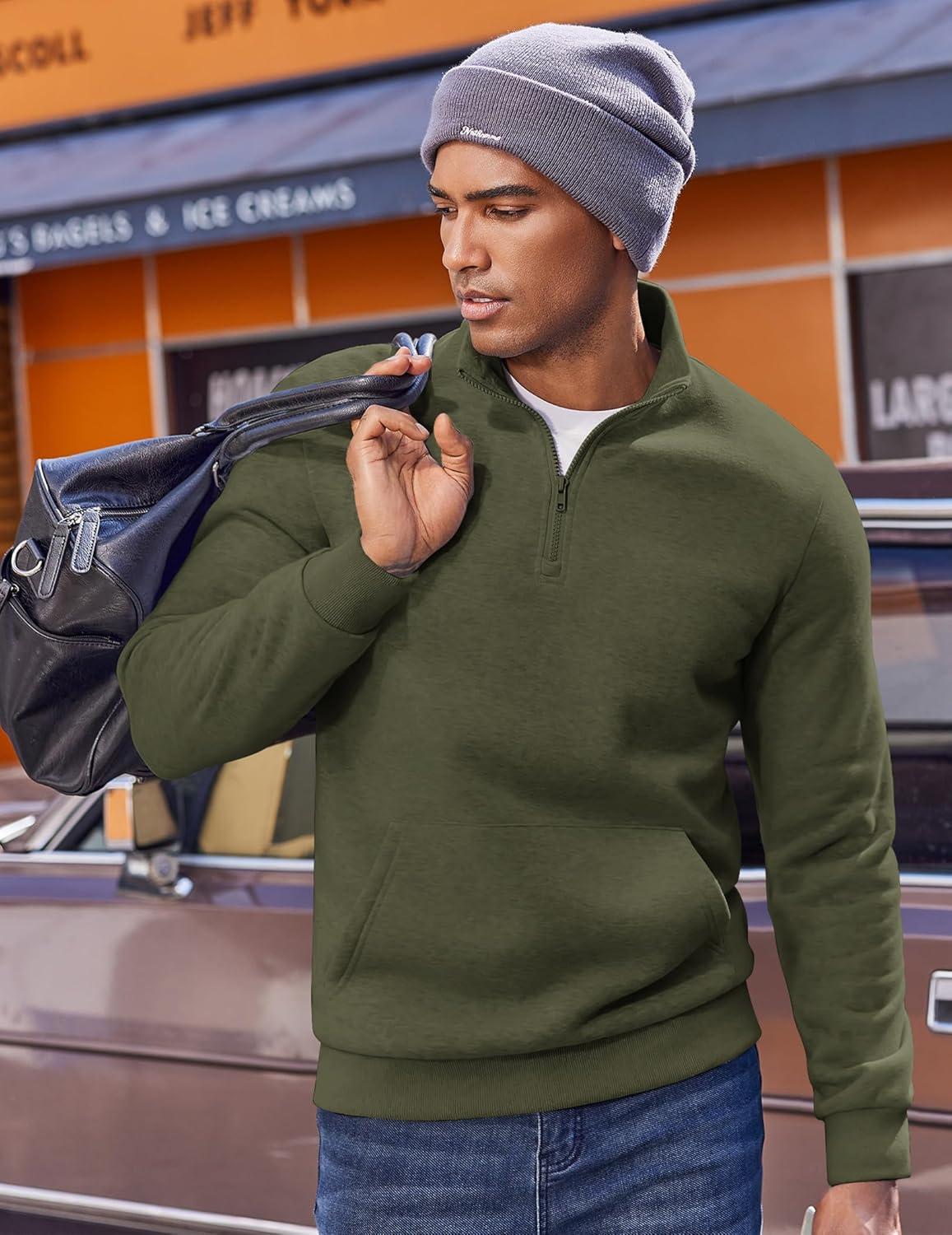 imageCOOFANDY Mens Quarter Zip Pullover Fleece Lined Sweatshirts Long Sleeve Mock Neck Sweater with PocketArmy Green