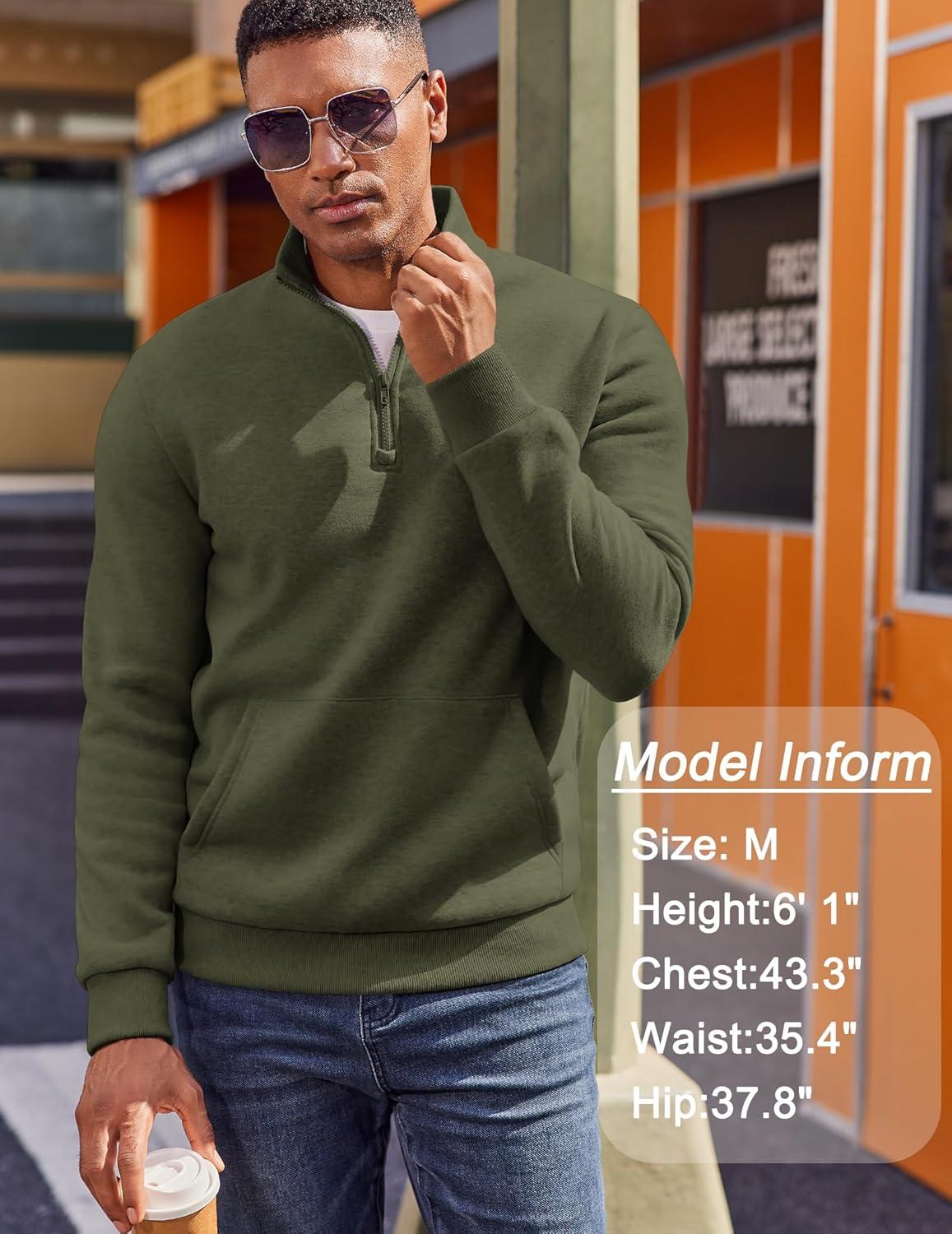 imageCOOFANDY Mens Quarter Zip Pullover Fleece Lined Sweatshirts Long Sleeve Mock Neck Sweater with PocketArmy Green