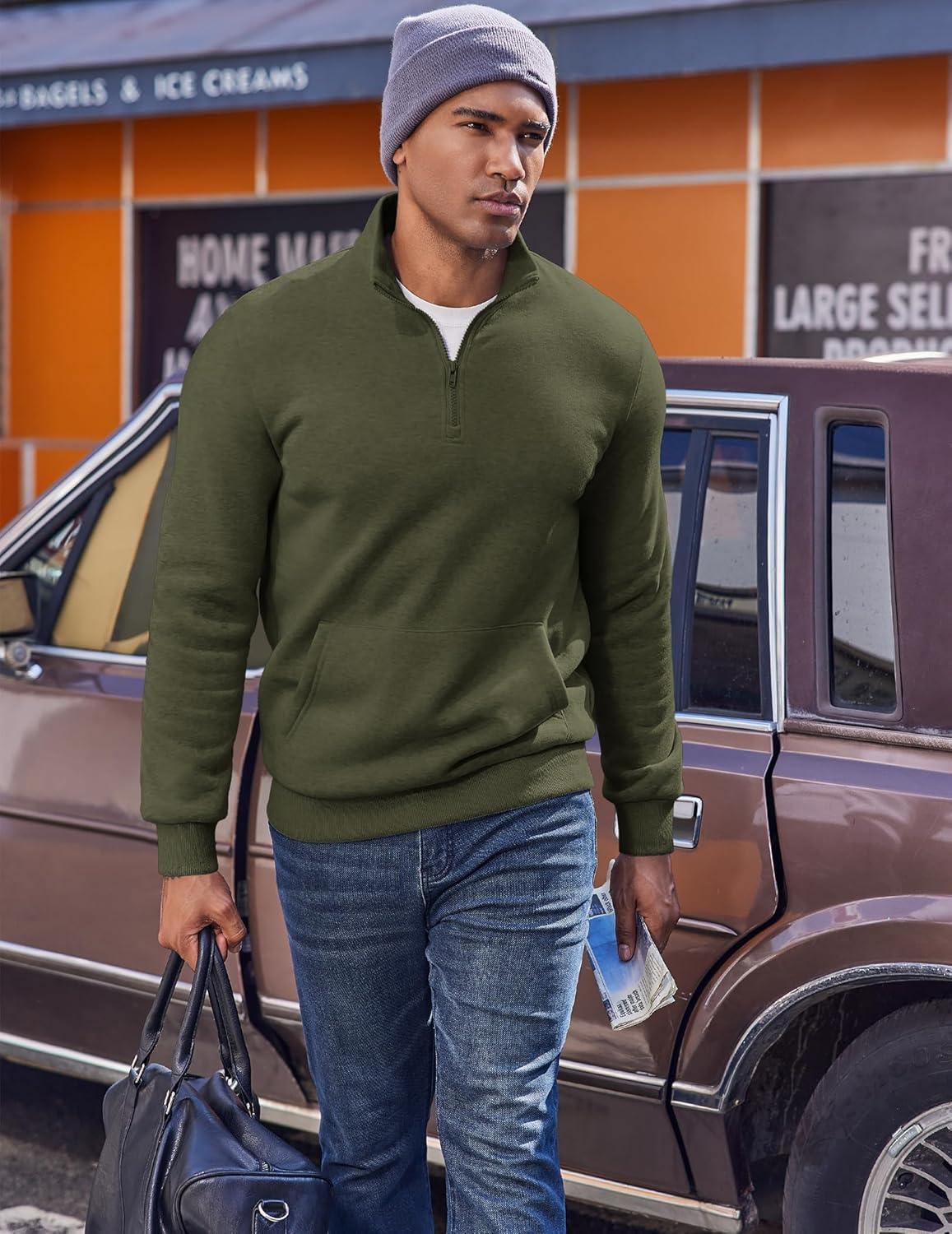 imageCOOFANDY Mens Quarter Zip Pullover Fleece Lined Sweatshirts Long Sleeve Mock Neck Sweater with PocketArmy Green