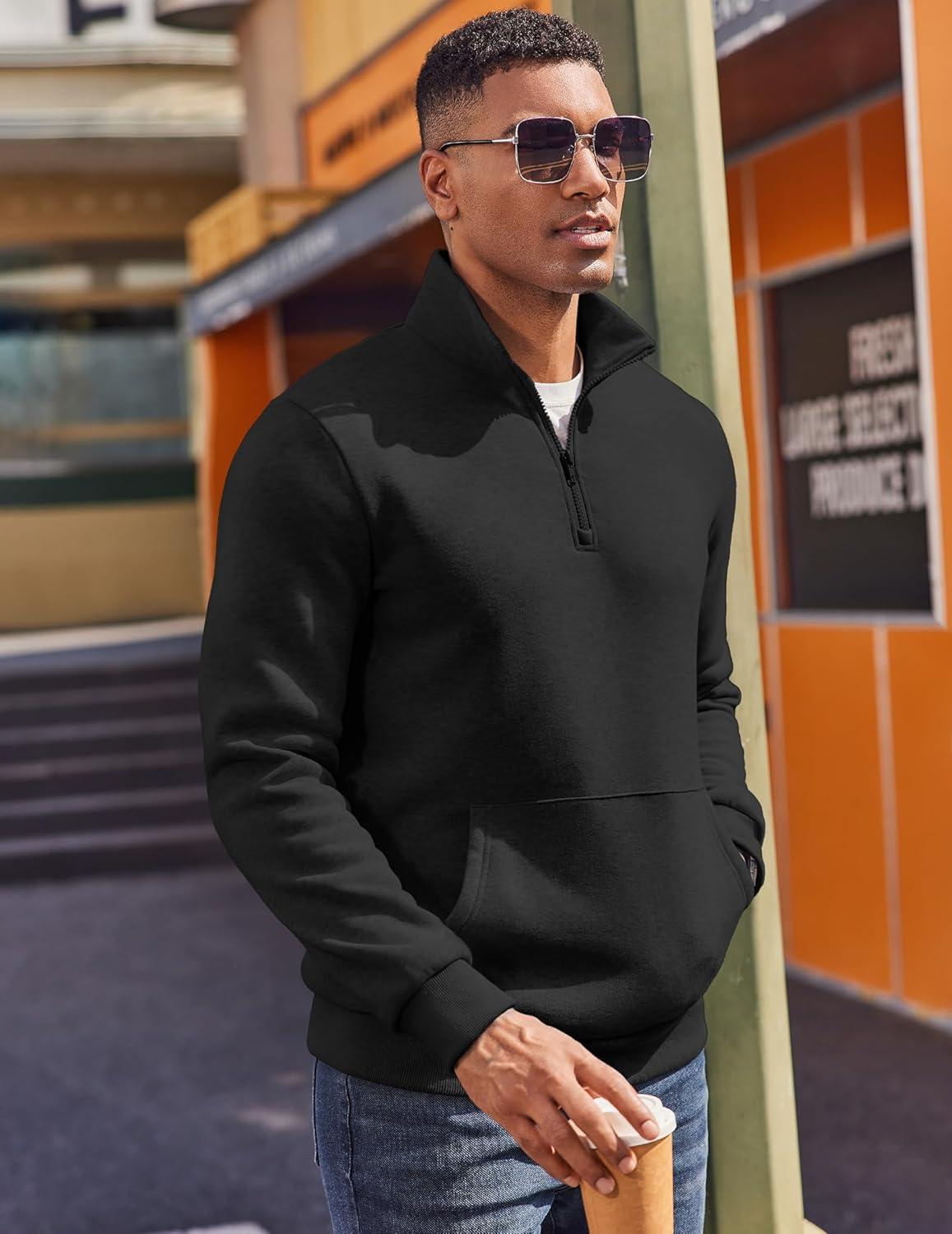 imageCOOFANDY Mens Quarter Zip Pullover Fleece Lined Sweatshirts Long Sleeve Mock Neck Sweater with PocketBlack