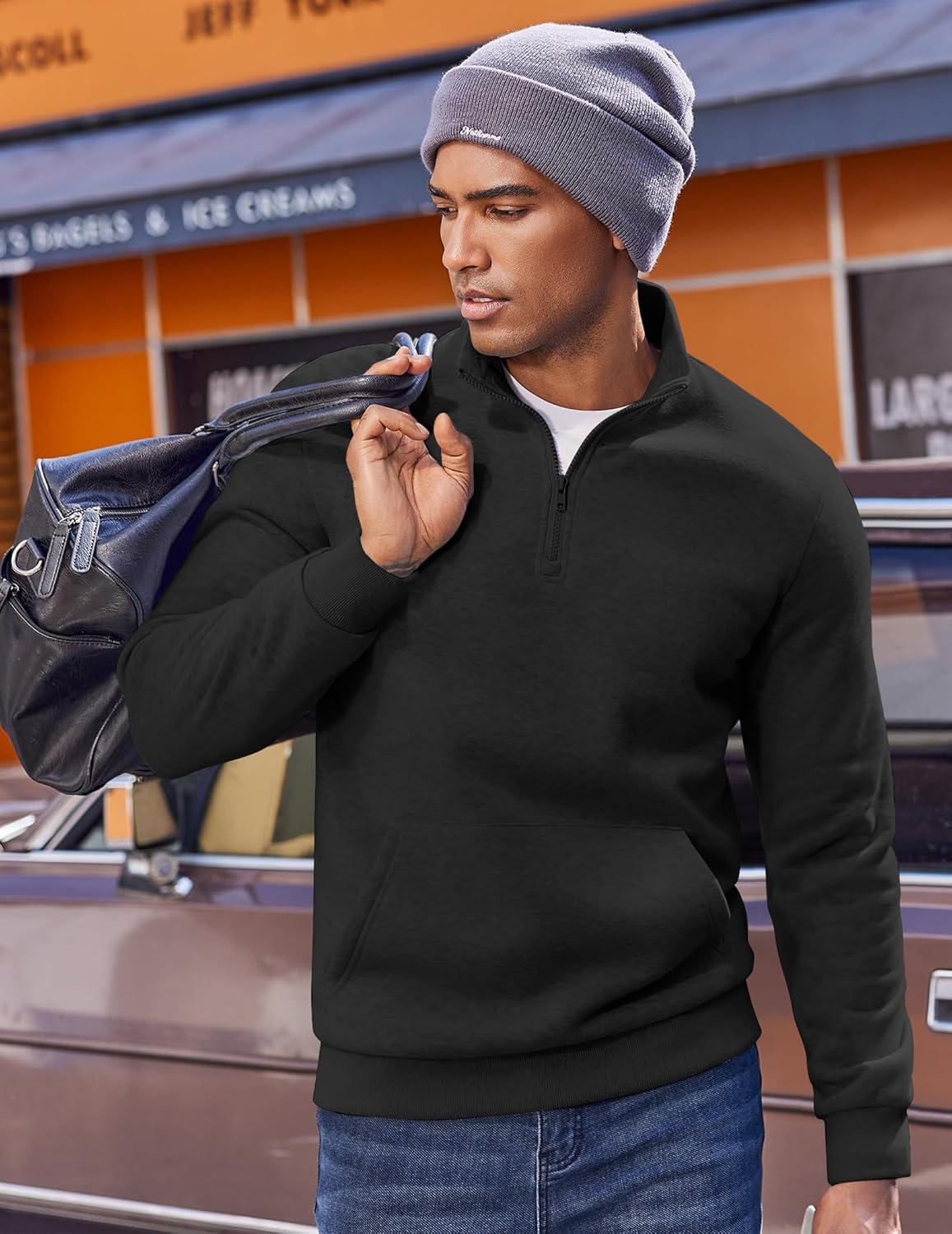 imageCOOFANDY Mens Quarter Zip Pullover Fleece Lined Sweatshirts Long Sleeve Mock Neck Sweater with PocketBlack