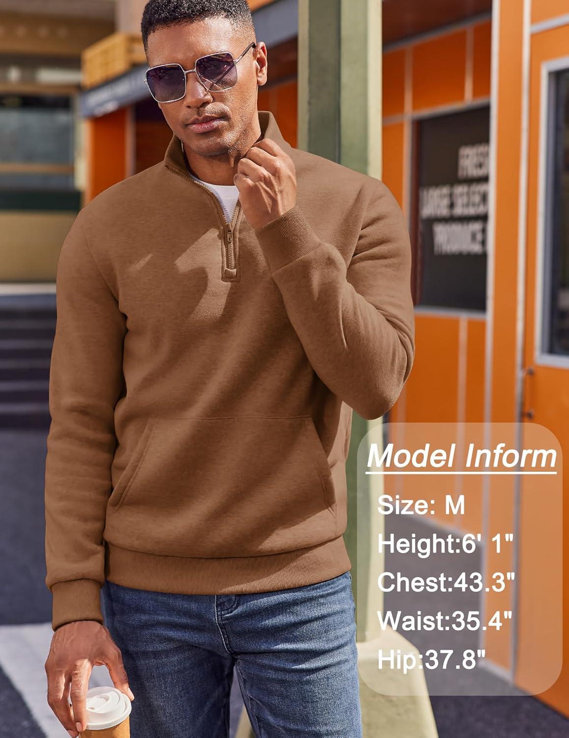 imageCOOFANDY Mens Quarter Zip Pullover Fleece Lined Sweatshirts Long Sleeve Mock Neck Sweater with PocketBrown