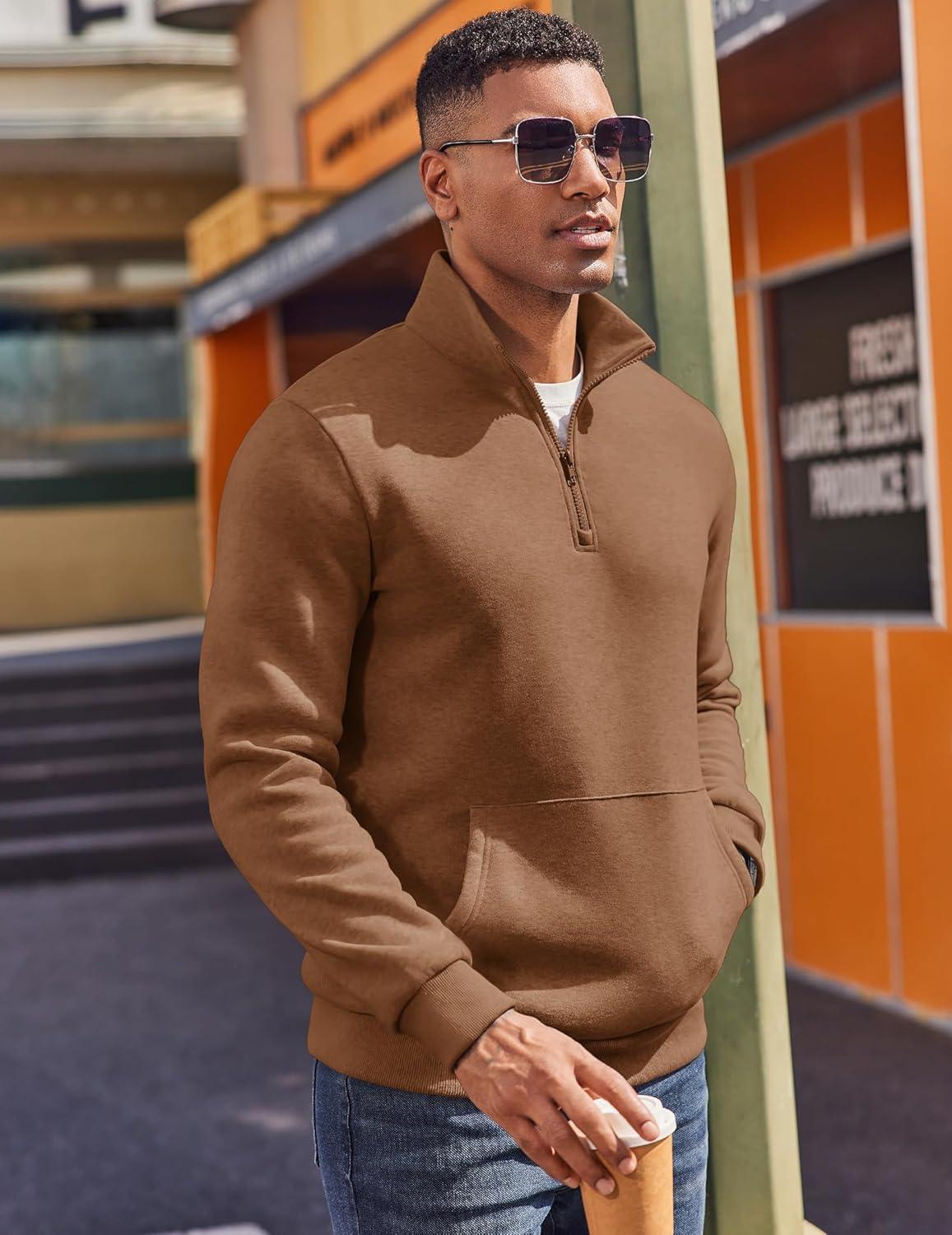 imageCOOFANDY Mens Quarter Zip Pullover Fleece Lined Sweatshirts Long Sleeve Mock Neck Sweater with PocketBrown