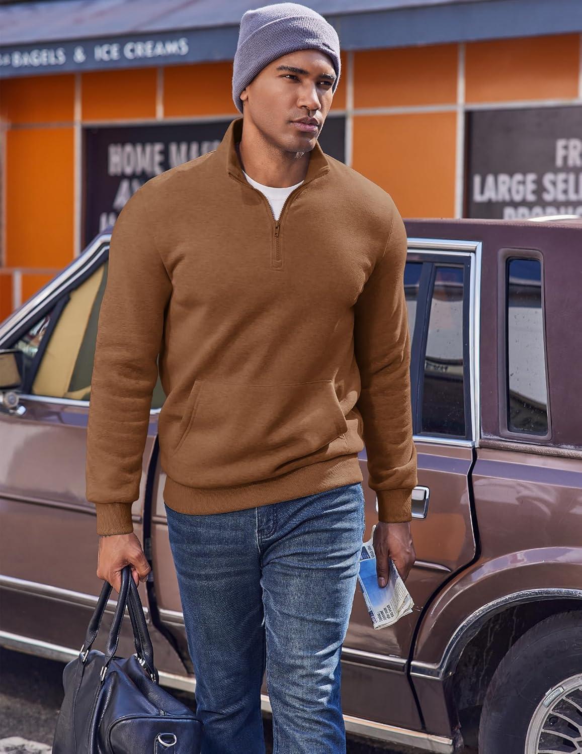 imageCOOFANDY Mens Quarter Zip Pullover Fleece Lined Sweatshirts Long Sleeve Mock Neck Sweater with PocketBrown