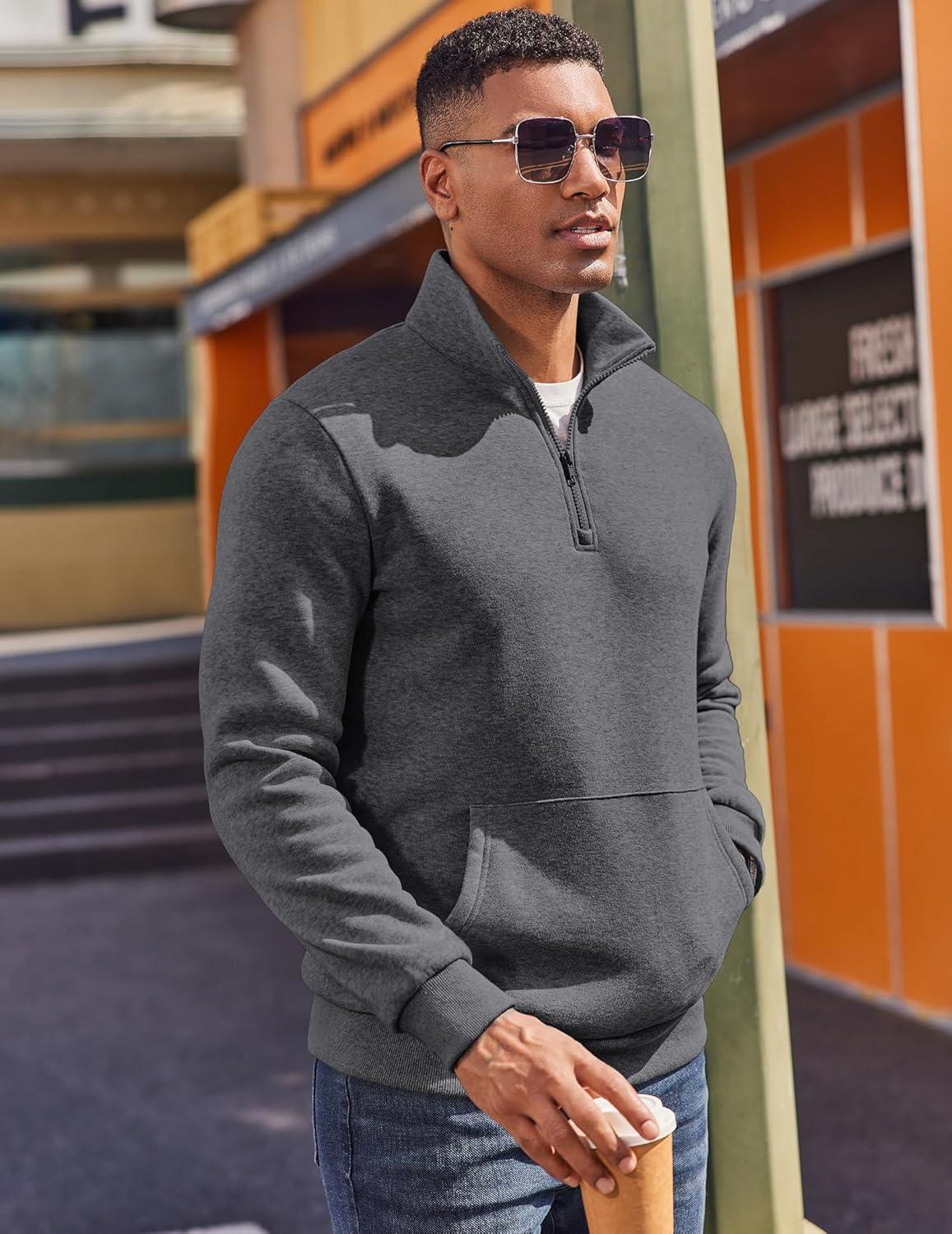 imageCOOFANDY Mens Quarter Zip Pullover Fleece Lined Sweatshirts Long Sleeve Mock Neck Sweater with PocketGrey