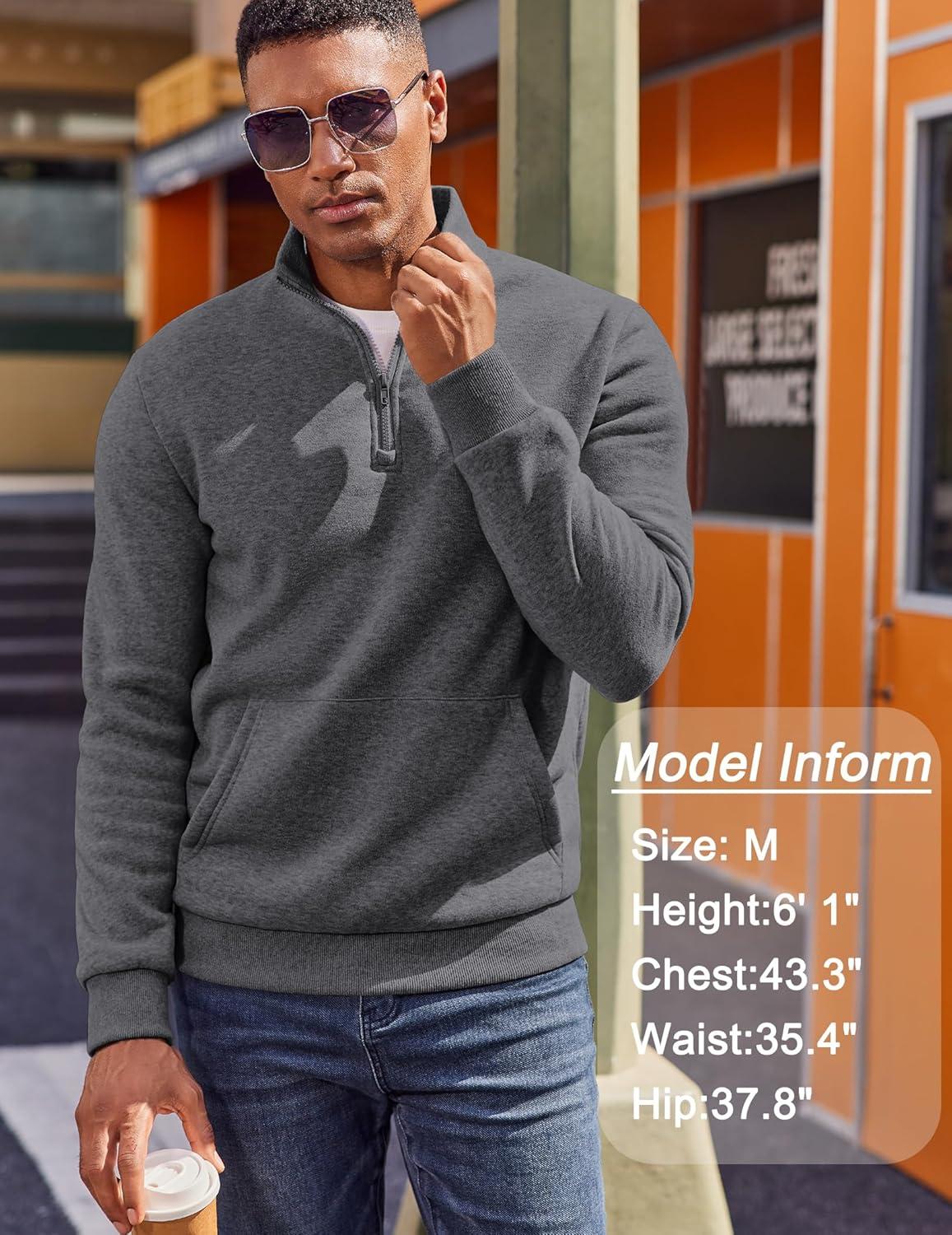 imageCOOFANDY Mens Quarter Zip Pullover Fleece Lined Sweatshirts Long Sleeve Mock Neck Sweater with PocketGrey