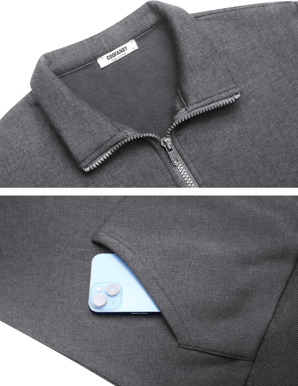 imageCOOFANDY Mens Quarter Zip Pullover Fleece Lined Sweatshirts Long Sleeve Mock Neck Sweater with PocketGrey