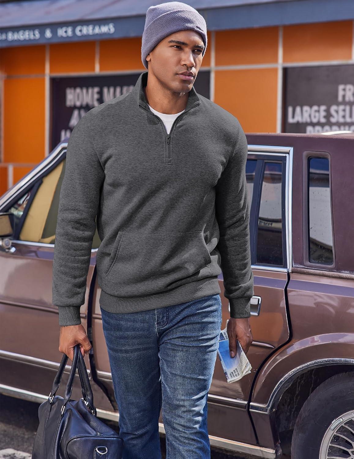 imageCOOFANDY Mens Quarter Zip Pullover Fleece Lined Sweatshirts Long Sleeve Mock Neck Sweater with PocketGrey