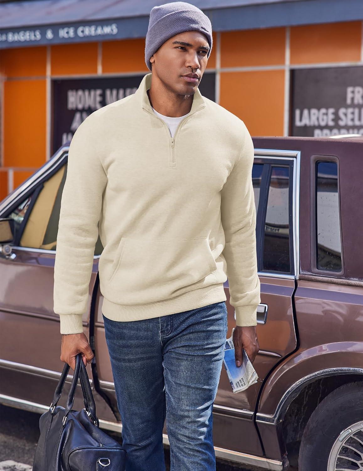 imageCOOFANDY Mens Quarter Zip Pullover Fleece Lined Sweatshirts Long Sleeve Mock Neck Sweater with PocketKhaki