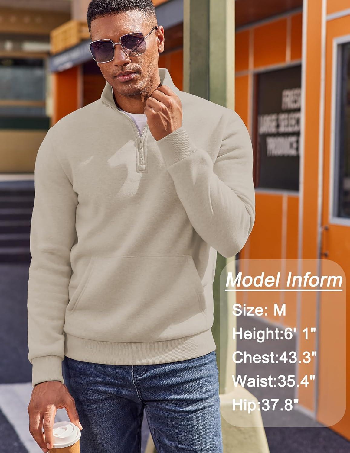 imageCOOFANDY Mens Quarter Zip Pullover Fleece Lined Sweatshirts Long Sleeve Mock Neck Sweater with PocketKhaki