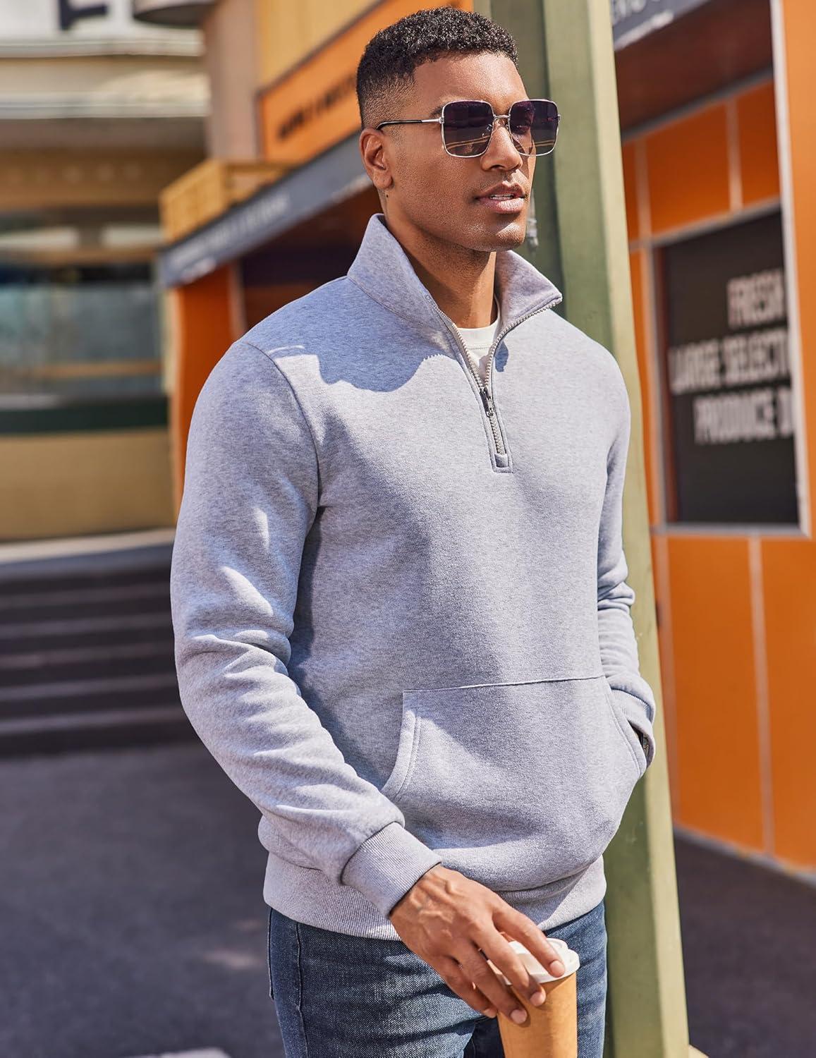 imageCOOFANDY Mens Quarter Zip Pullover Fleece Lined Sweatshirts Long Sleeve Mock Neck Sweater with PocketLight Grey
