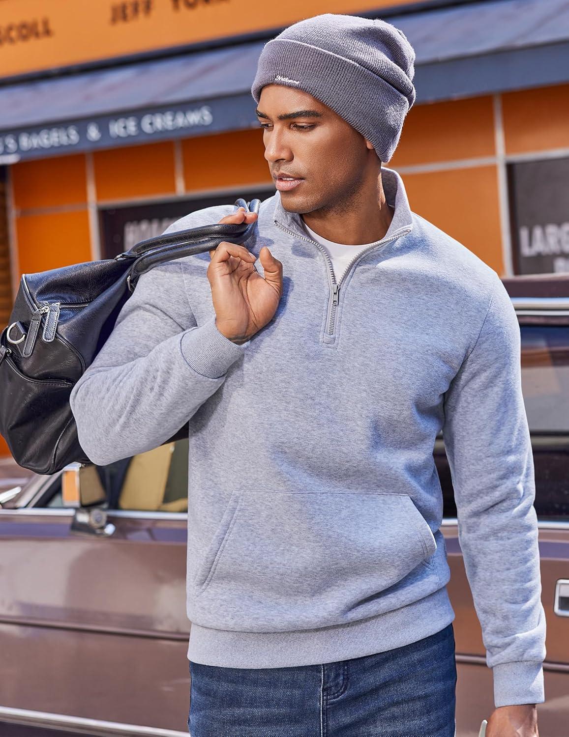 imageCOOFANDY Mens Quarter Zip Pullover Fleece Lined Sweatshirts Long Sleeve Mock Neck Sweater with PocketLight Grey