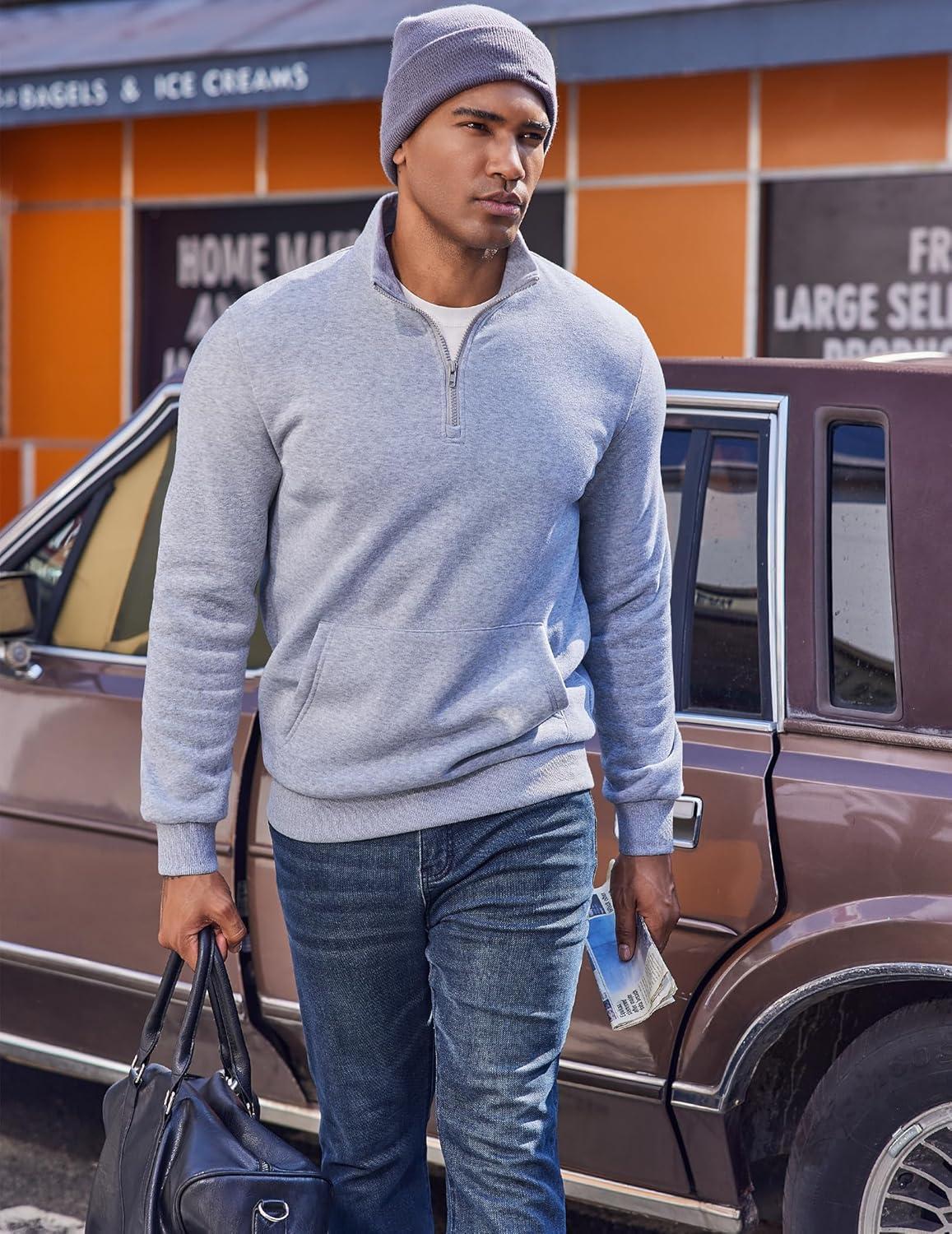 imageCOOFANDY Mens Quarter Zip Pullover Fleece Lined Sweatshirts Long Sleeve Mock Neck Sweater with PocketLight Grey