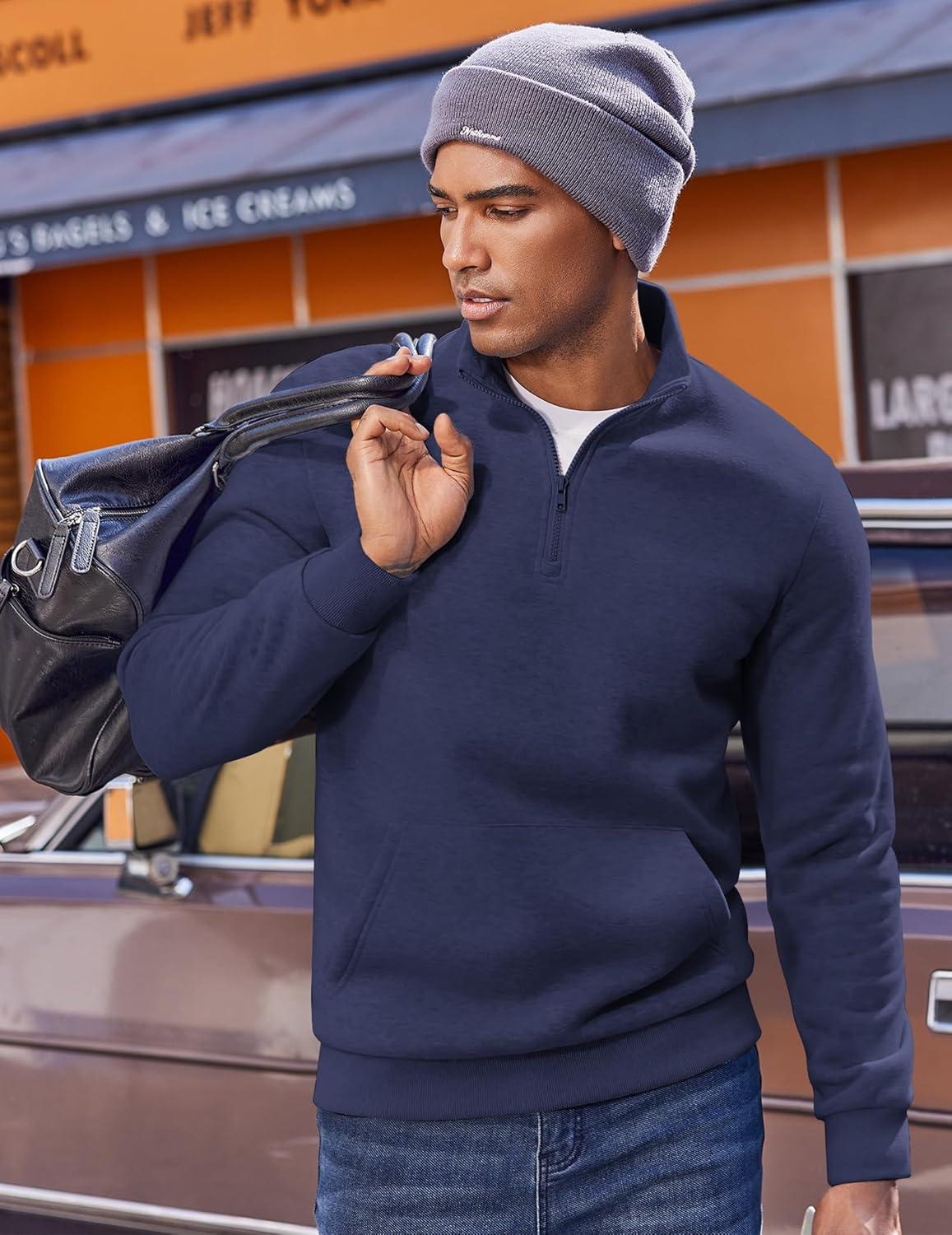 imageCOOFANDY Mens Quarter Zip Pullover Fleece Lined Sweatshirts Long Sleeve Mock Neck Sweater with PocketNavy Blue