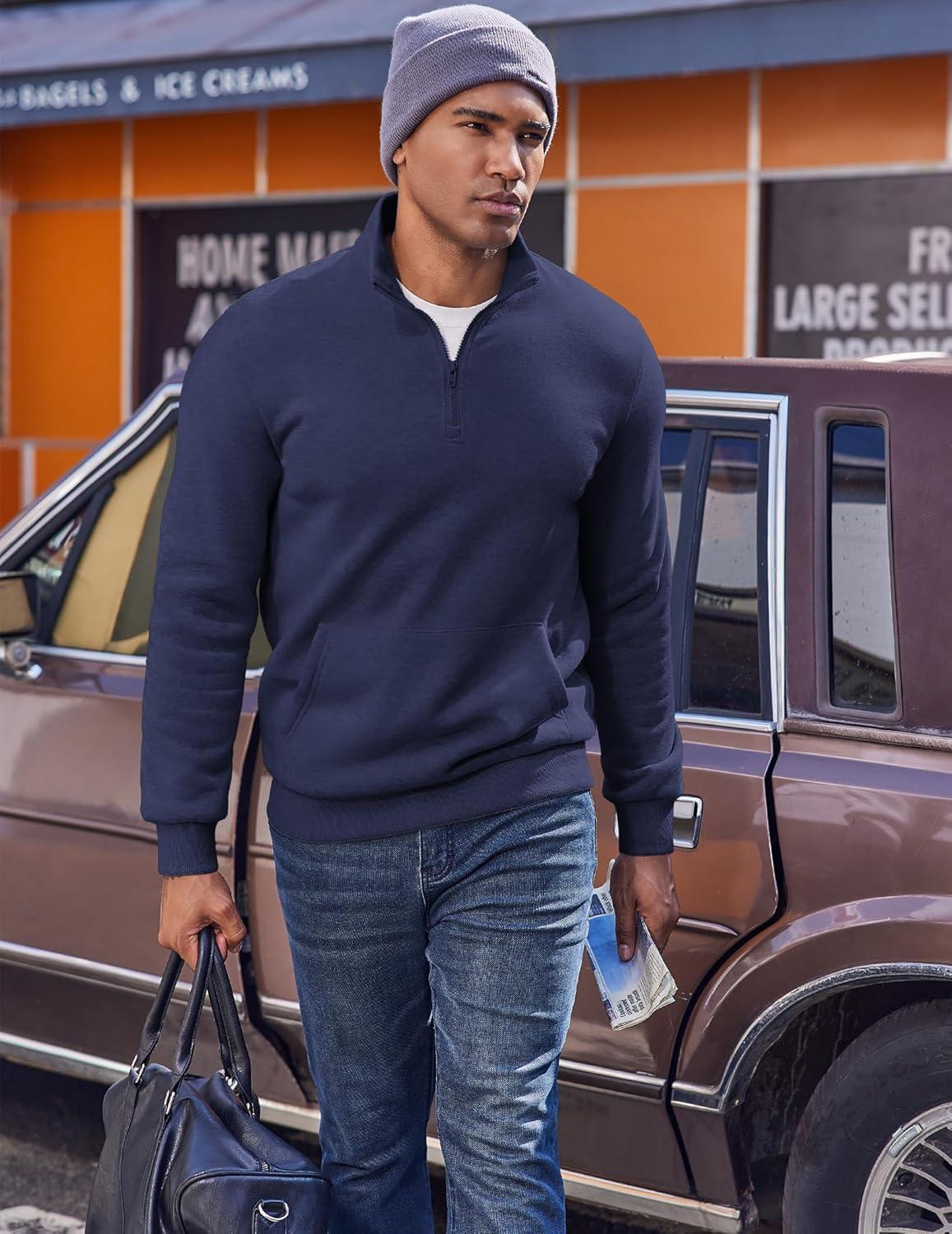 imageCOOFANDY Mens Quarter Zip Pullover Fleece Lined Sweatshirts Long Sleeve Mock Neck Sweater with PocketNavy Blue