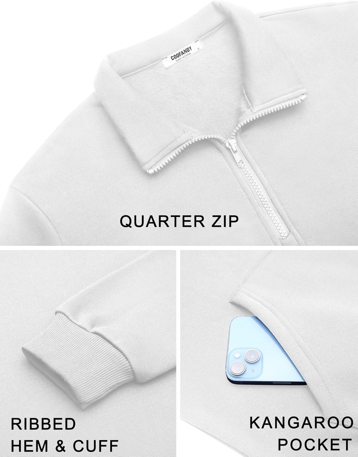 imageCOOFANDY Mens Quarter Zip Pullover Fleece Lined Sweatshirts Long Sleeve Mock Neck Sweater with PocketWhite