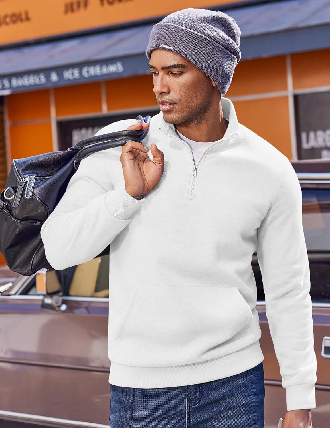 imageCOOFANDY Mens Quarter Zip Pullover Fleece Lined Sweatshirts Long Sleeve Mock Neck Sweater with PocketWhite