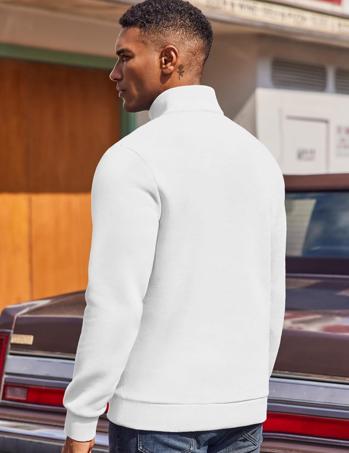 imageCOOFANDY Mens Quarter Zip Pullover Fleece Lined Sweatshirts Long Sleeve Mock Neck Sweater with PocketWhite