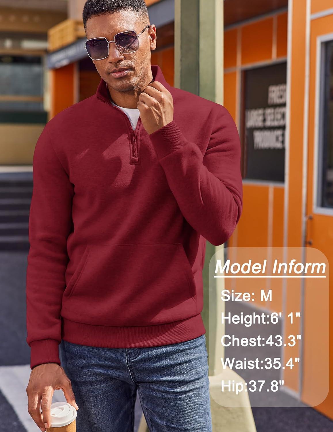 imageCOOFANDY Mens Quarter Zip Pullover Fleece Lined Sweatshirts Long Sleeve Mock Neck Sweater with PocketWine Red