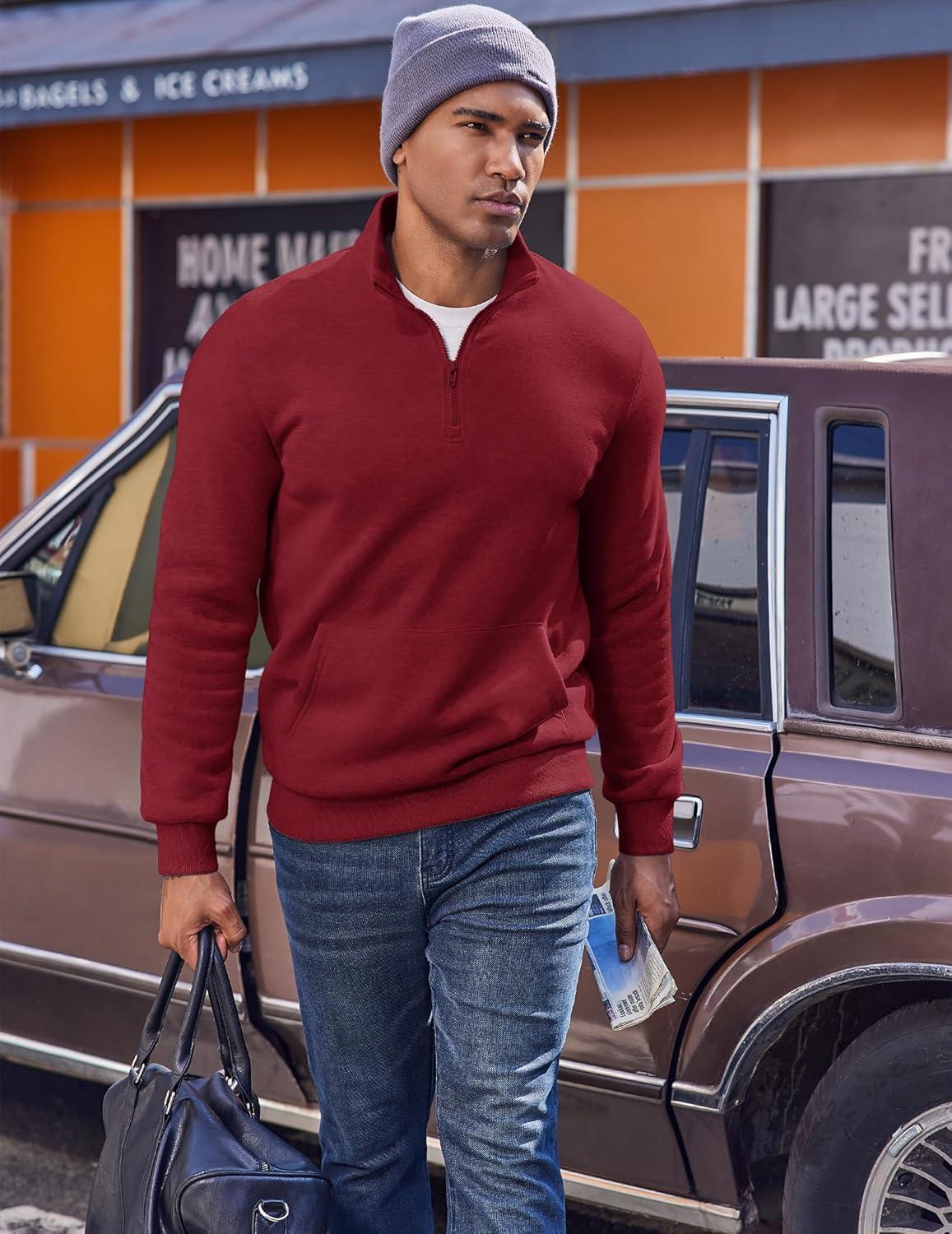 imageCOOFANDY Mens Quarter Zip Pullover Fleece Lined Sweatshirts Long Sleeve Mock Neck Sweater with PocketWine Red