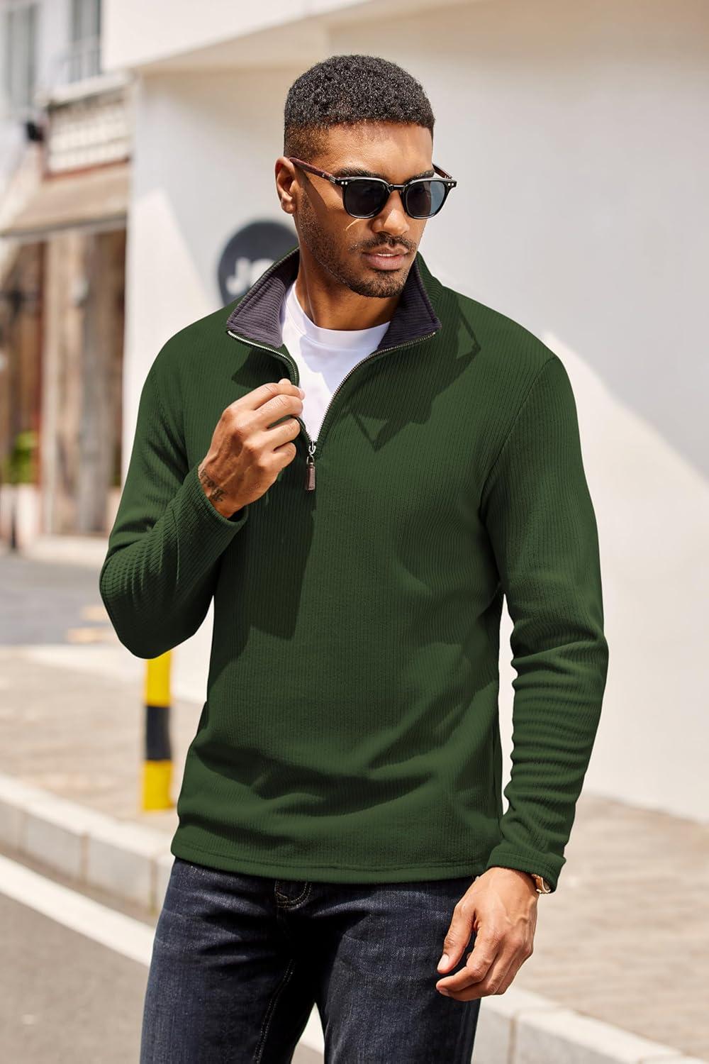 imageCOOFANDY Mens Quarter Zip Pullover Lightweight Sweater Casual Long Sleeve Corduroy Half Zip SweatshirtArmy Green