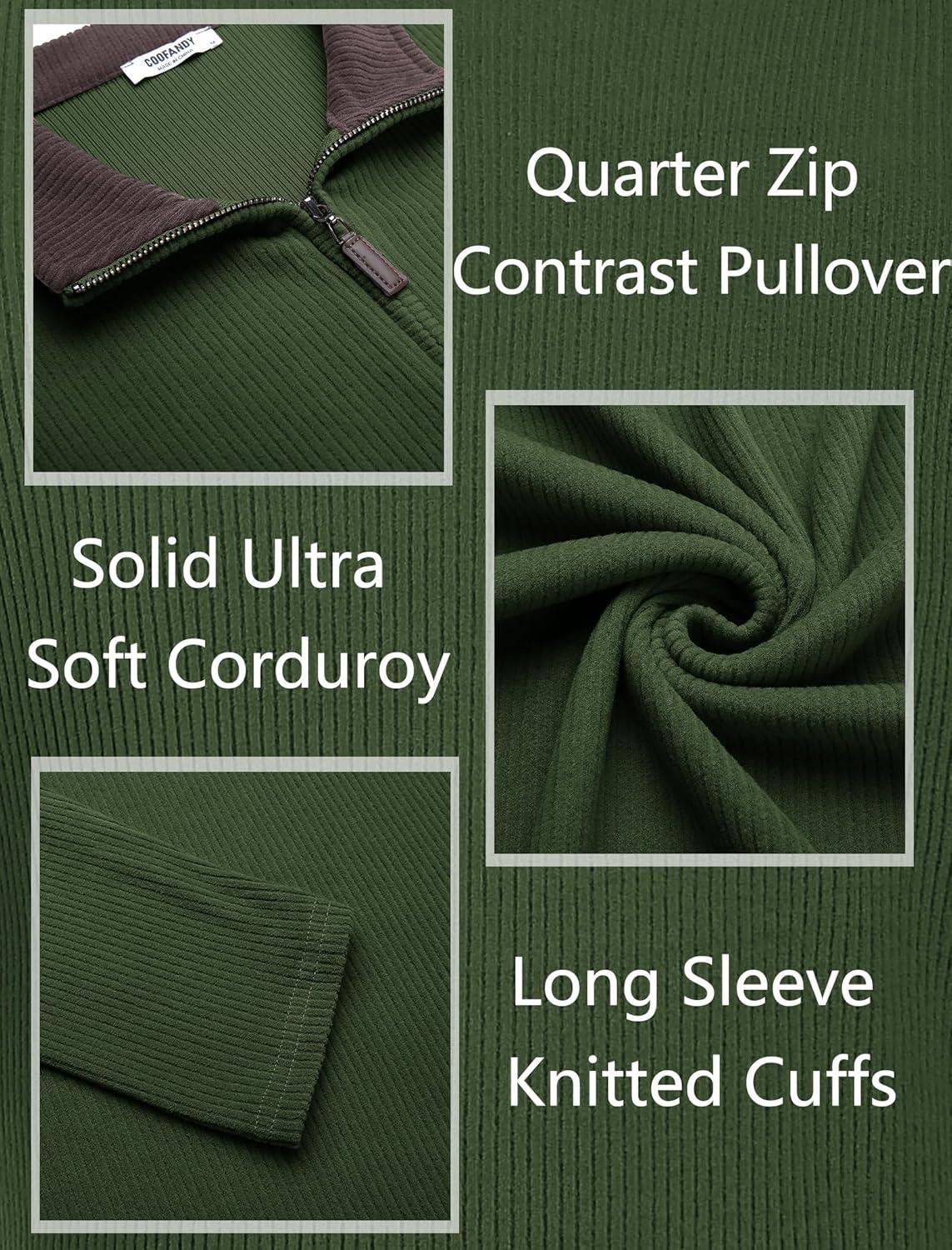 imageCOOFANDY Mens Quarter Zip Pullover Lightweight Sweater Casual Long Sleeve Corduroy Half Zip SweatshirtArmy Green
