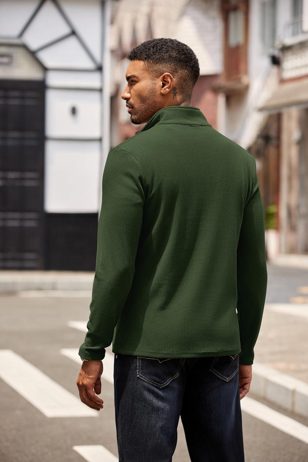imageCOOFANDY Mens Quarter Zip Pullover Lightweight Sweater Casual Long Sleeve Corduroy Half Zip SweatshirtArmy Green