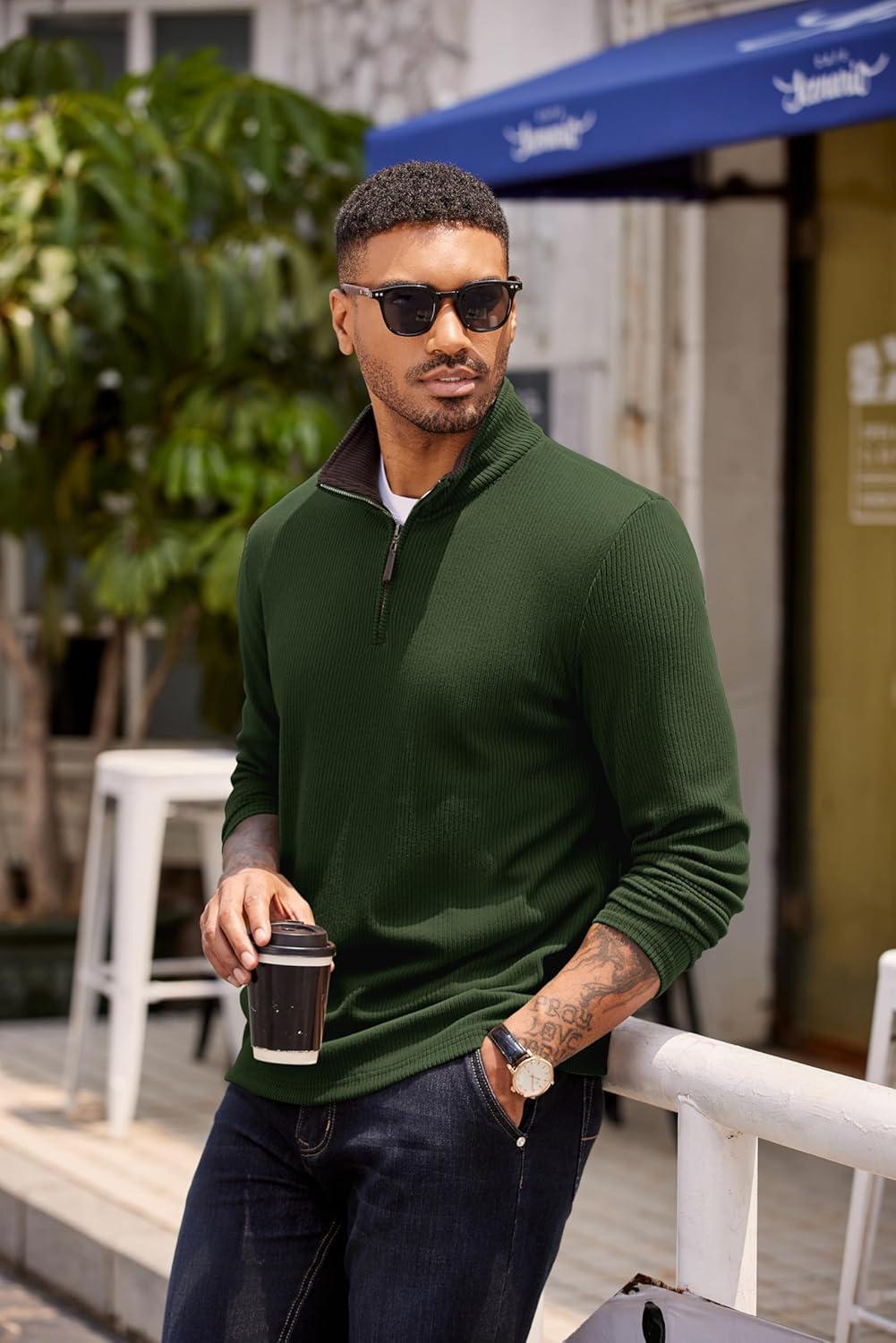 imageCOOFANDY Mens Quarter Zip Pullover Lightweight Sweater Casual Long Sleeve Corduroy Half Zip SweatshirtArmy Green