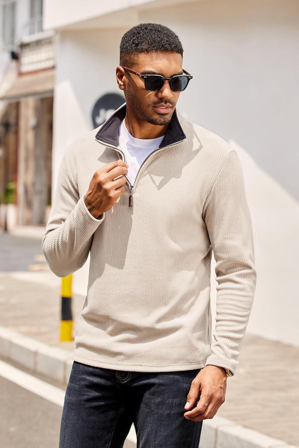 imageCOOFANDY Mens Quarter Zip Pullover Lightweight Sweater Casual Long Sleeve Corduroy Half Zip SweatshirtBeige