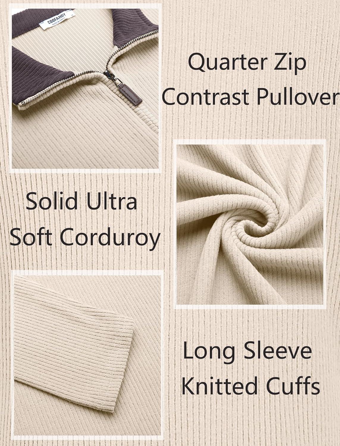 imageCOOFANDY Mens Quarter Zip Pullover Lightweight Sweater Casual Long Sleeve Corduroy Half Zip SweatshirtBeige