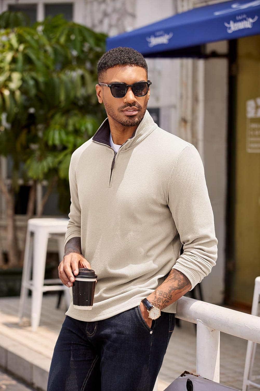 imageCOOFANDY Mens Quarter Zip Pullover Lightweight Sweater Casual Long Sleeve Corduroy Half Zip SweatshirtBeige